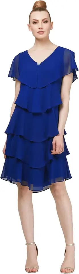 S.L. Fashions Women's Short Sleeve Tiered Chiffon Cocktail Dress, Wedding Guest Gown (Petite and Regular Sizes)