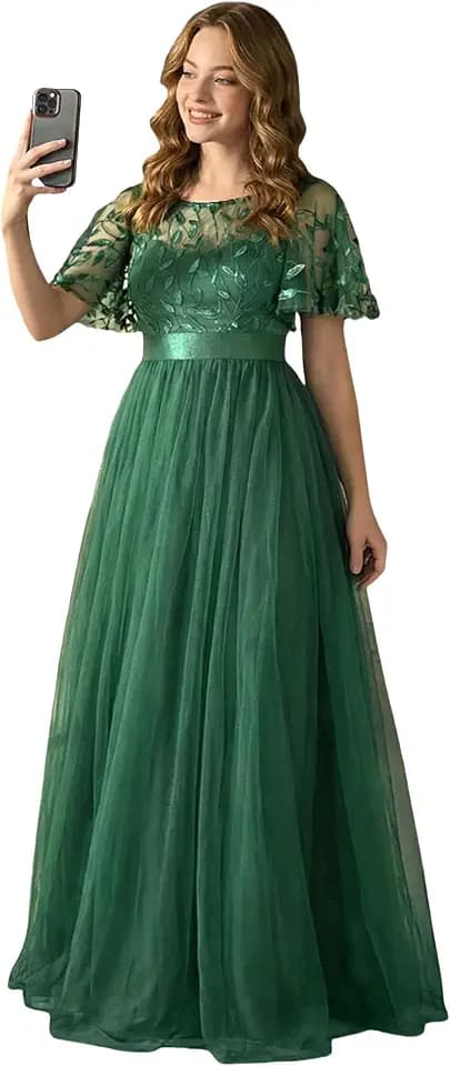 Ever-Pretty Sequin Formal Prom Dresses for Women Ruffle Sleeves Empire Waist A-Line Long Mother of Bride Dress 00904