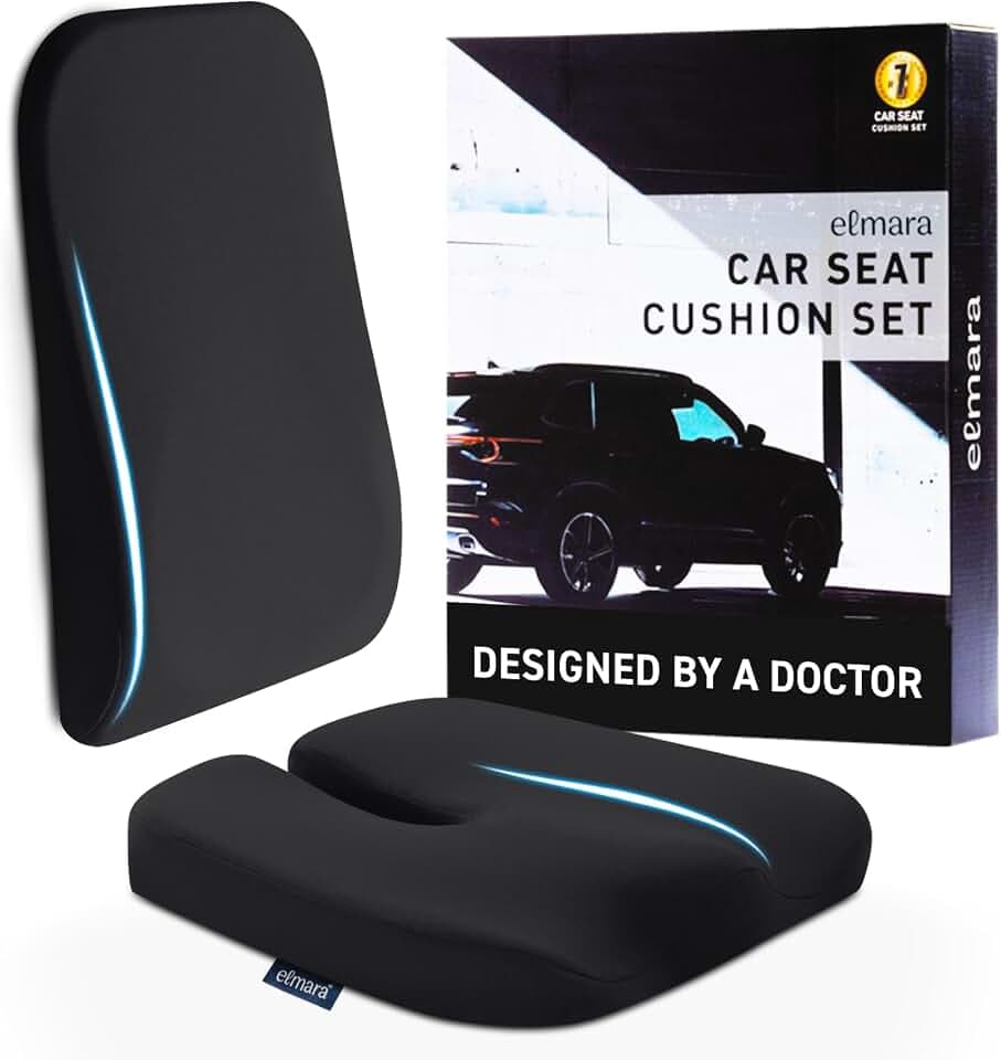 Elmara Doctor-Designed Car Seat Cushions for Driving – Car Seat Back Support, Driver Seat Cushion and Back Cushion for Car, Pillow for Driving Seat – The Ultimate Comfort Solution for Cars (Black)