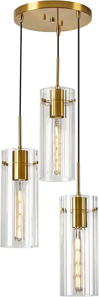 Brushed Gold Pendant Light Fixtures, 3-Light Modern Cluster Pendant Lights with Clear Striped Glass Shade, Farmhouse Brass Chandelier for Kitchen Island Dining Room Foyer
