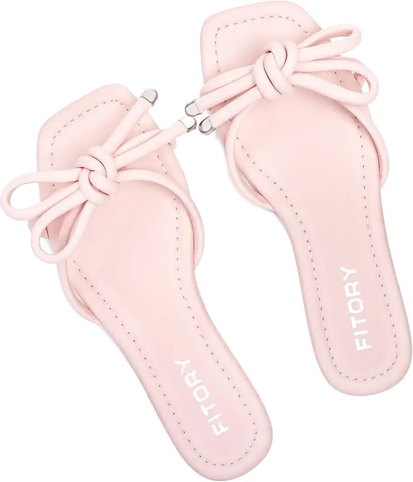 FITORY Women's Flat Sandals Square Open Toe Slide with Cute Knot for Summer