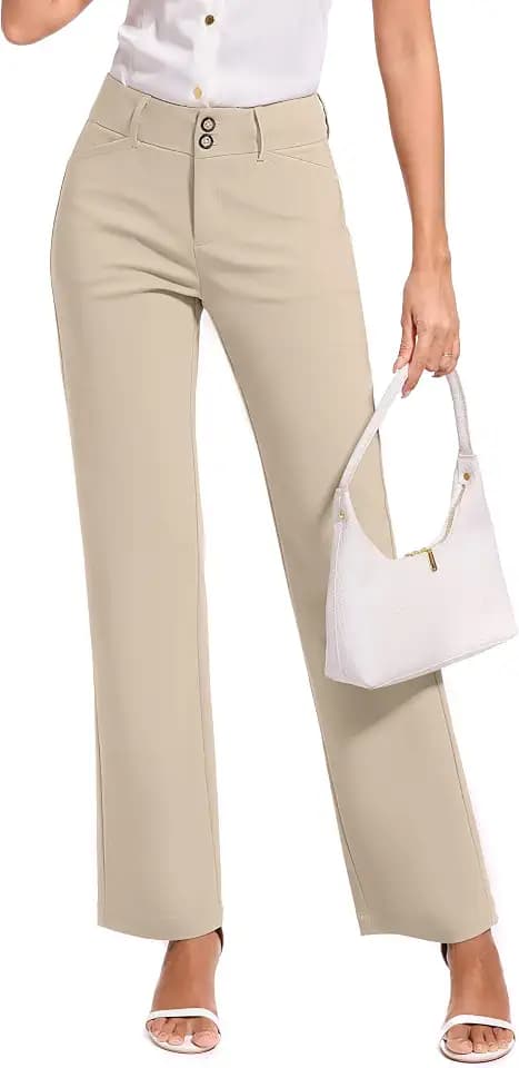 FUNYYZO Women Stretch Business Straight Leg Dress Slacks Pants with Pockets Wear to Work 2026 Casual Suitpants Apricot