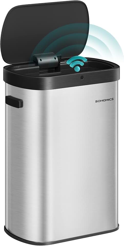 SONGMICS Mülleimer mit Sensor, 50 L, Softclose-Deckel, Edelstahl | Öffnen per Handbewegung oder Berühren, inkl. 15 Müllbeutel, silber, POWE Kollektion LTB640E01