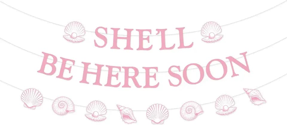 Pink She'll Be Here Soon Banner with Seashell Banner - Seashell Baby Shower Party Decorations, Under the Sea Ocean Themed Decorations for Pregnancy Celebration Newborn Party