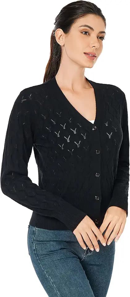 AmélieBoutik Women Lightweight Button Down Long Sleeve Casual V Neck Soft Crochet Knit Fall Cardigan Sweater Tops