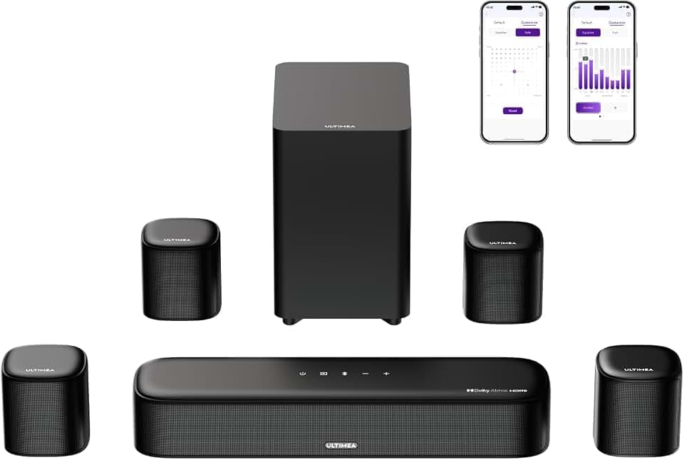 ULTIMEA 7.1 Soundbar für TV Geräte, Dolby Atmos Surround Sound System mit 4 Surround Lautsprechern, TV Soundbar mit Subwoofer für Heimkino Soundsystem, App, HDMI eARC, Bluetooth 5.3, Aura A60