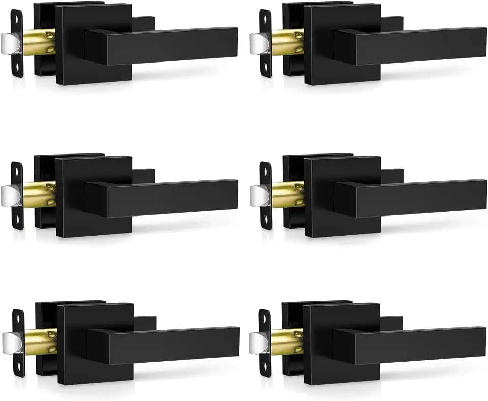 Plustool 6 Pack Matte Black Door Handles, Passage Door Levers for Hallway & Closet, Interior Keyless Door Knobs Heavy Duty Square Non-Locking Handlesets, Reversible for Left & Right Sided Doors