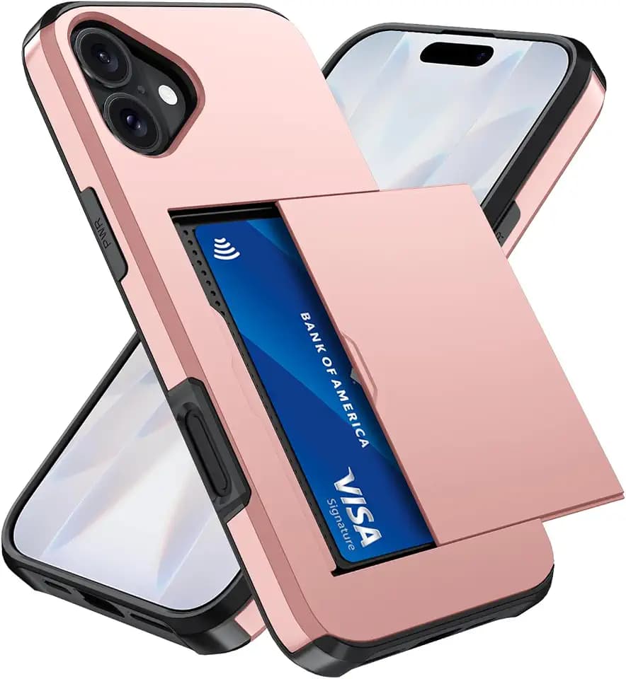 Qinmay Compatible with iPhone 17 Case Wallet,Built-in Card Holder, Heavy Duty Protective Dual Layer Shockproof Hidden Card Slot Slim Wallet Phone Cover for iPhone 17 ，Rose Gold