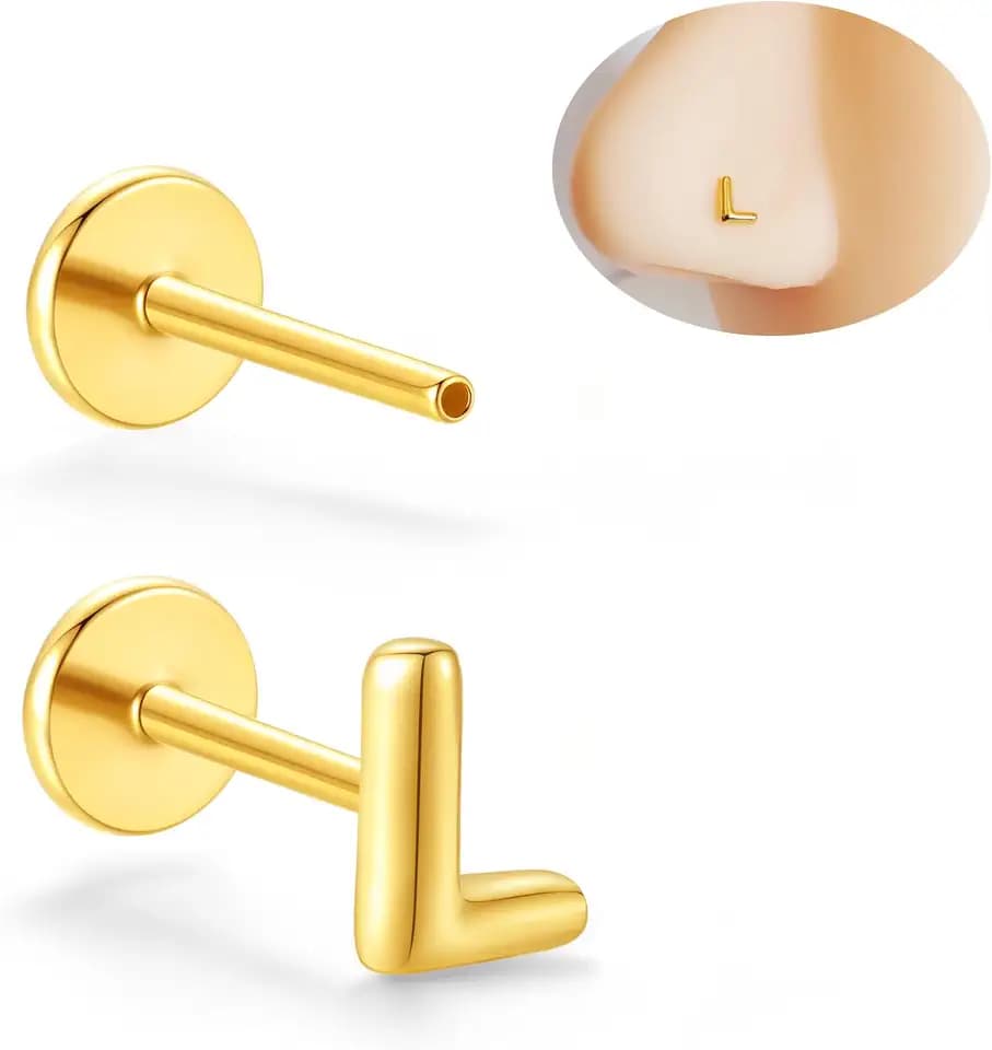 ORANGELOVE 316L Surgical Steel Gold Threadless Nose Studs Nose Rings,Tiny Initial Letter Stud Earring,20G Flat Back Earring, Alphabet Name Earrings Tragus Helix Cartilage Ear Piercing for Women Men