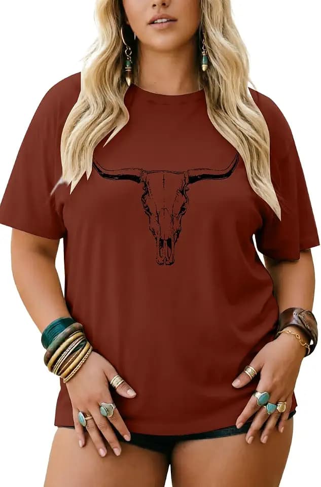 Plus Size Western Shirt for Women Cow Skull Shirt Boho Cowgirl T-Shirt Rodeo Graphic Tee Vintage Country Music Tops