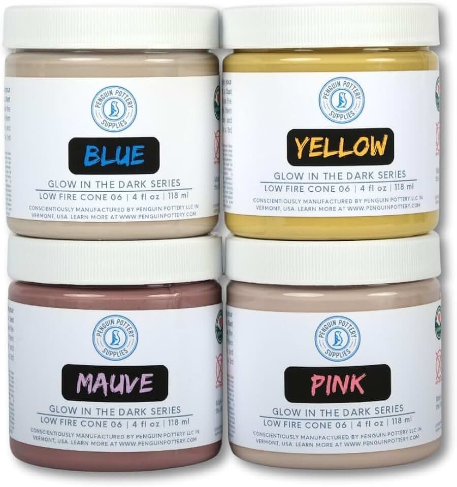 Penguin Pottery - Glow in the Dark Pottery Glaze - Variety Set 2 - Low Fire Glaze Cone 06 - Glow in the Dark Glaze for Ceramics - Blue, Mauve, Pink, Yellow