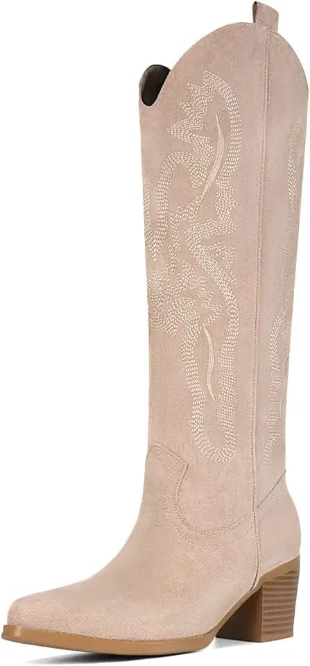 UBWDU Suede Cowboy Knee High Boots Women Pointed Toe Chunky Heel Embroidered Western Cowgirl Boots