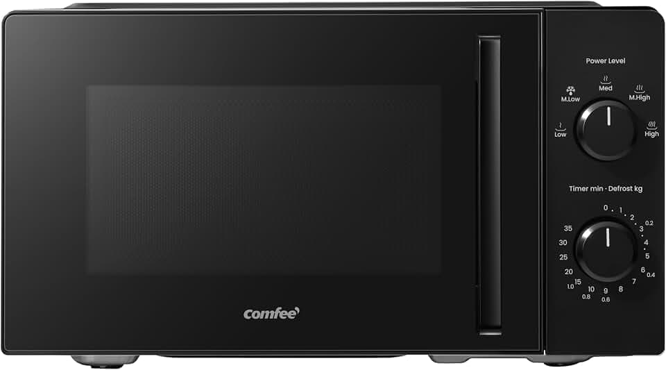 COMFEE' Mikrowelle CMO-MM20L2NFPE(BK), Schwarz, 20 Liter, 700 W, 5 Leistungsstufen, Schnelles Auftauen, Einfache Reinigung, Manueller Timer, Kompaktes Design, Ideal für kleine Küchen