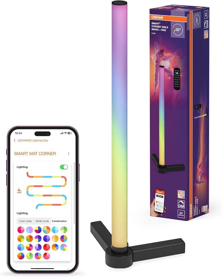 Osram Smarte LED-Eck-Tischleuchte, 7.5W, mit Magic RGB für diverse Farben und Lichteffekte, schwarz, mit Fernbedienung, IP20, LED nicht austauschbar, dimmbar