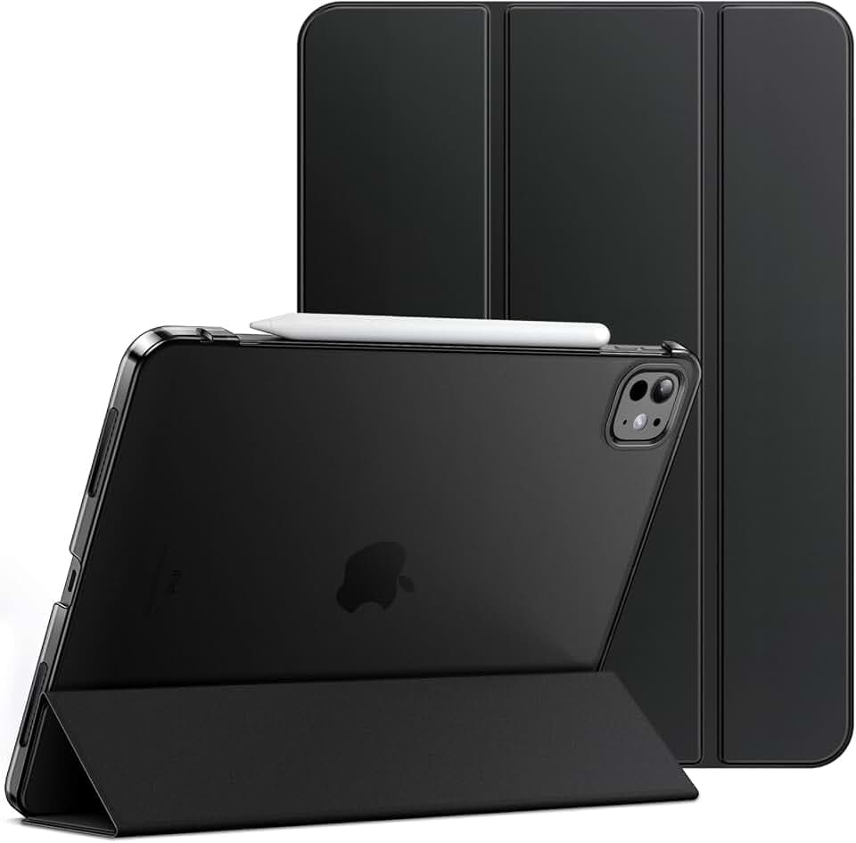 JETech Hülle für iPad Pro 11" M5/M4, Schwarz | Für 2025/2024 Modell, Schlanke Transluzent Rückseite, Dreifach-Ständer, Auto Schlafen/Wachen, Leichter Stoßschutz