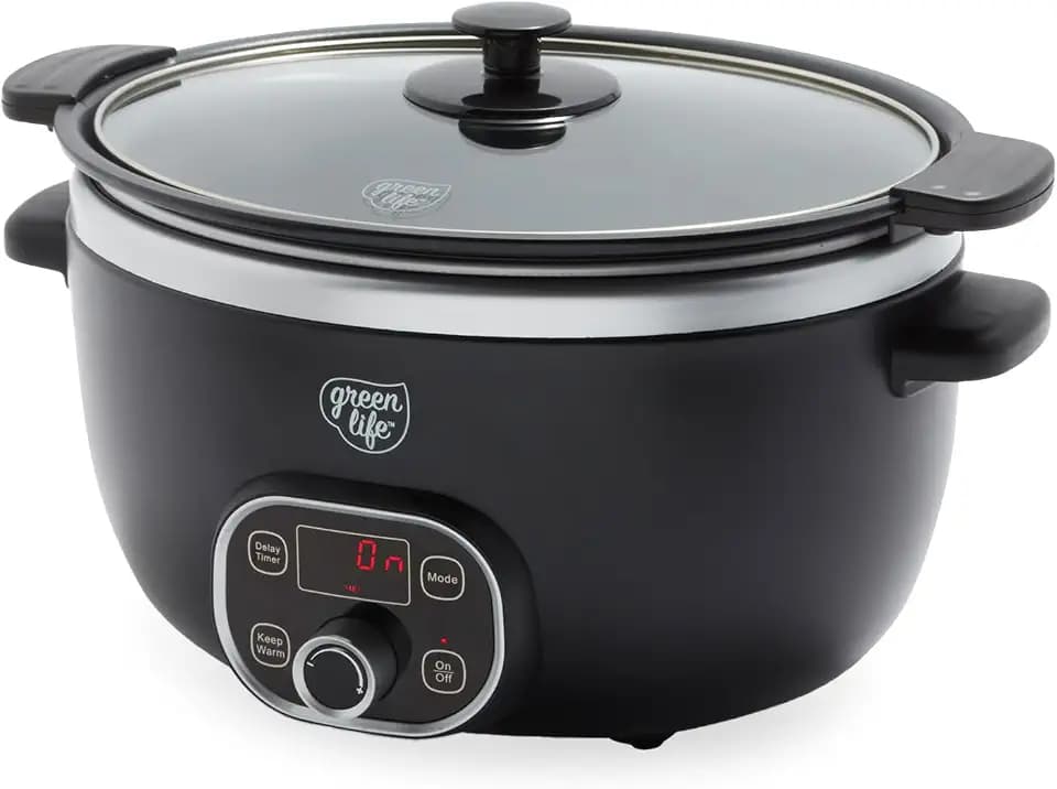 GreenLife 6QT Ceramic Nonstick Slow Cooker, Cooktop/Oven Safe, Black