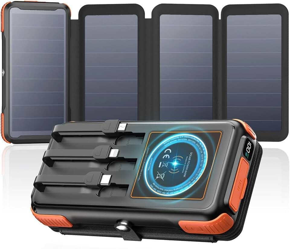 A ADDTOP Solar Power Bank, 16000mAh Wireless PowerBank mit 3 Kabelns