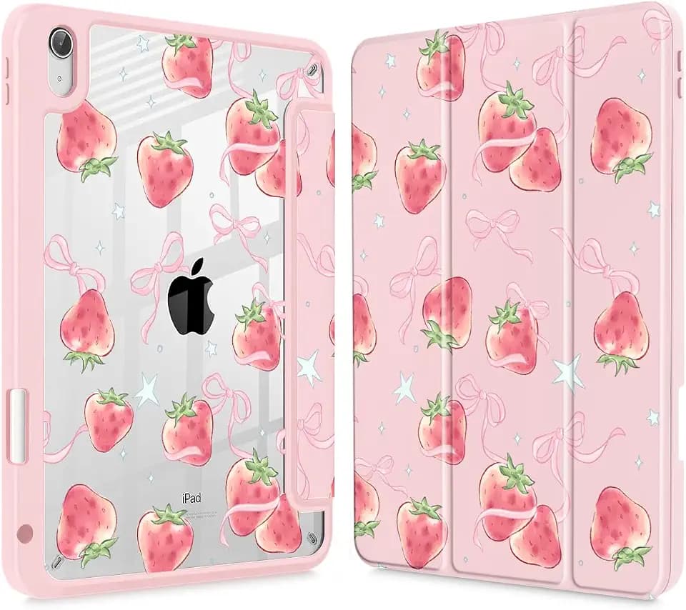 May Chen Case for iPad Air 13 Inch M4 2026, M3 2025, M2 2024, [Built-in Pencil Holder] Shockproof Cover with Clear Transparent Back Shell, Auto Sleep/Wake Cover, Bow Strawberry