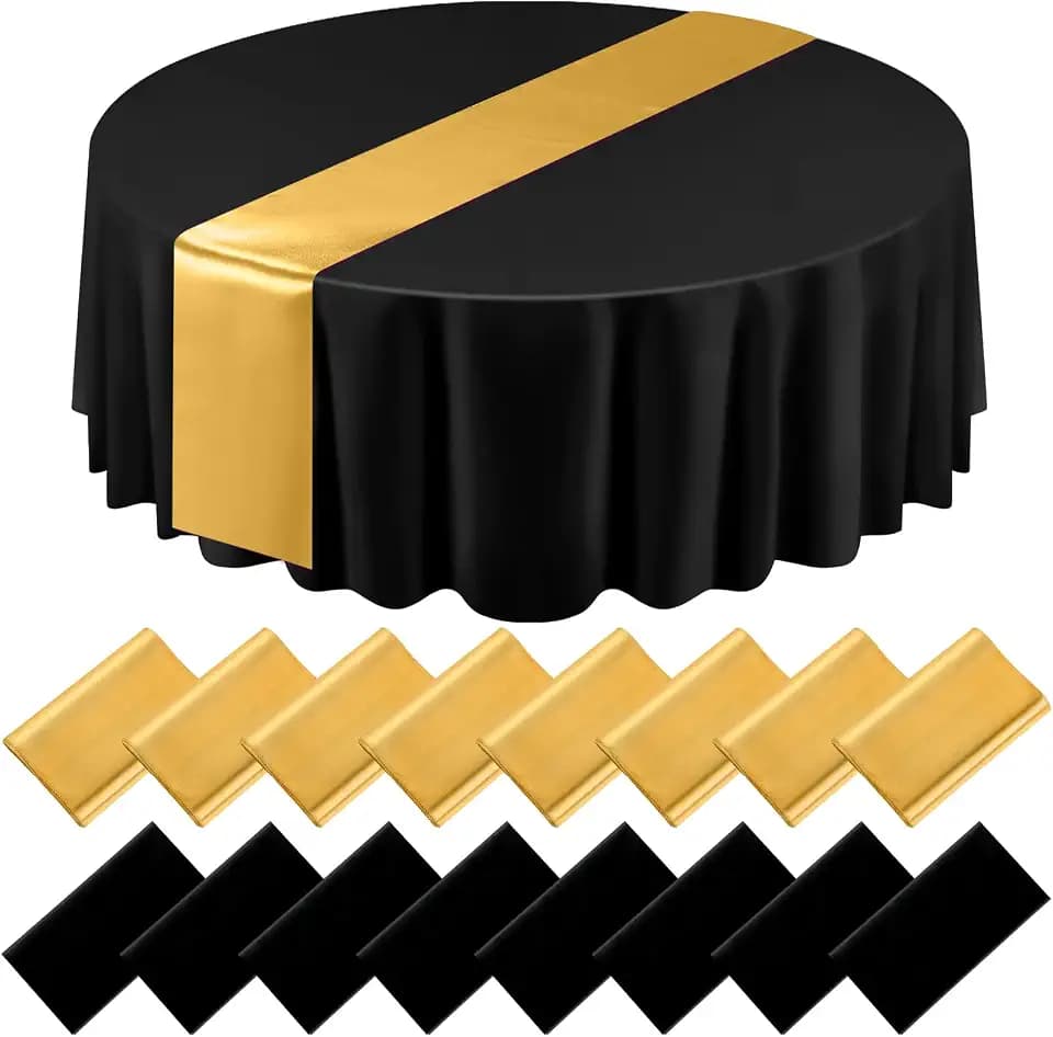 Tudomro 16 Pcs Black and Gold Round Tablecloth and Satin Runner Set