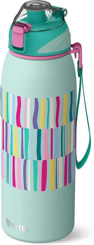 Ottle Reef Roamer Stainless Steel Water Bottle - 34 oz Insulated Flask with Leak Proof Lid, BPA free & Carry Handle - Hot & Cold Gym Water Bottle for Travel, Camping & Sports - Candy Stripes