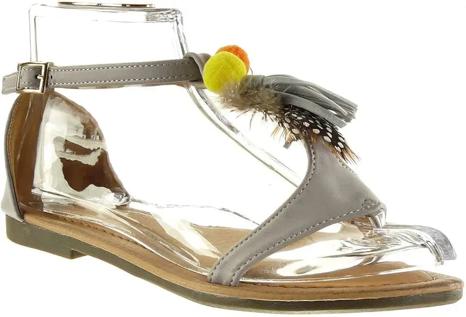 Angkorly - Damen Schuhe Sandalen T-Spange Fransen Bommel Blockabsatz 1.5 cm Grau 2 M101 T