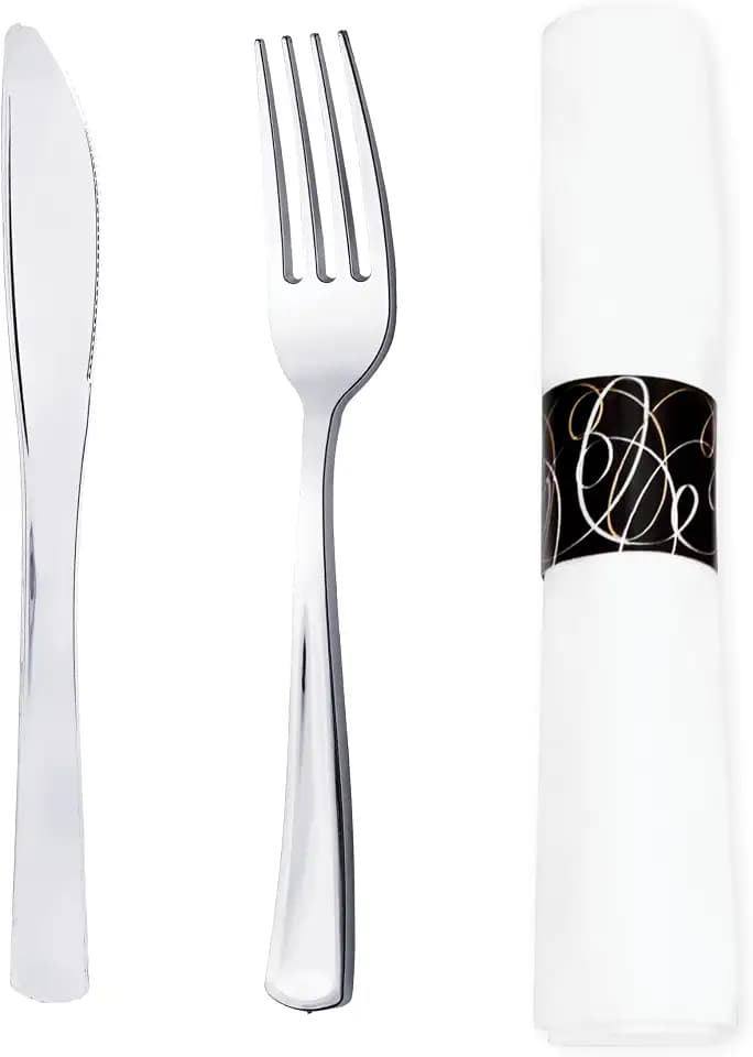 Party Essentials Party Supplies Wrapped Silverware Set Disposable, Pre Rolled Napkin and Cutlery, Forks/Knives Silver, 50 Units