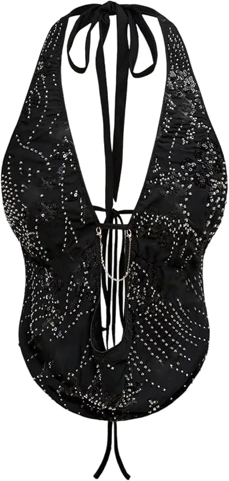 Verdusa Women's Y2K Sequin Cheetah Print Top Halter Going Out Outfits