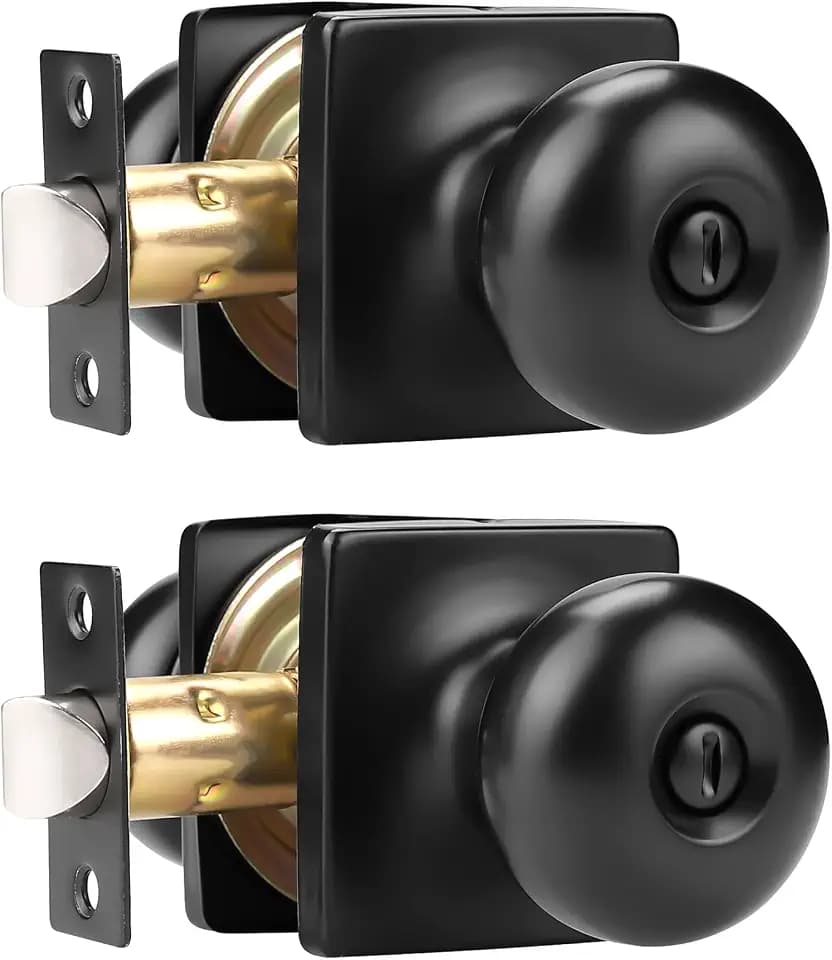 GOBEKOR 2 Pack Keyless Privacy Door Knobs Interior Matte Black Round Square Bedroom Door Knob with Lock Stainless Steel Door Knobs