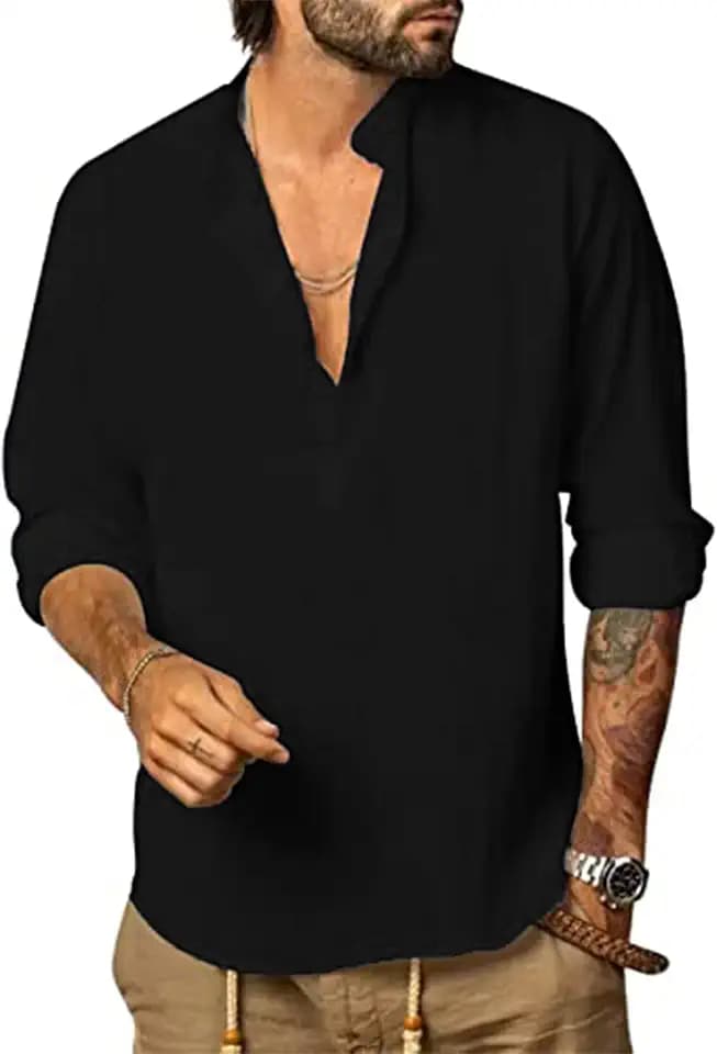 YAOHUOLE Herren-Langarmhemd aus Leinen für Herren, Henley Shirt
