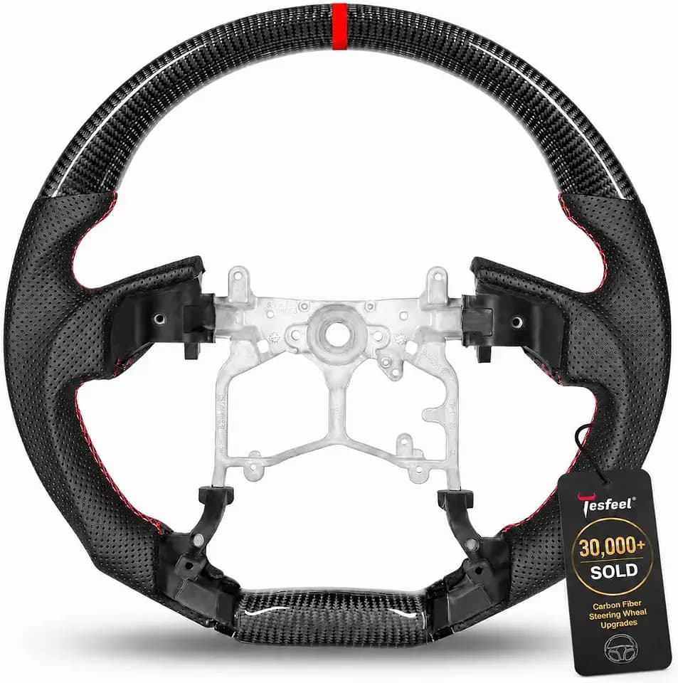 Real Carbon Fiber Steering Wheel Frame compatible with Toyota Tacoma (2012-2023), for 4Runner (2010-2024), for Tundra (2014-2021) - Black Perforated Grip, Red Stitching, Red Center Stripe
