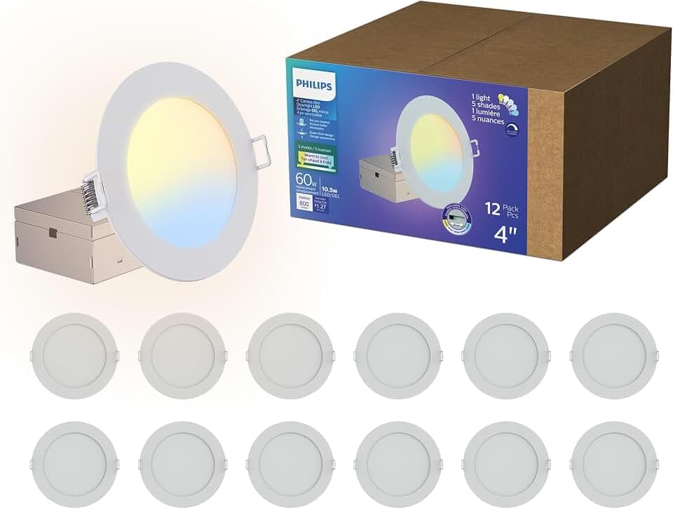 PHILIPS LED 4-Inch Slim Downlight, 12 Pack, Canless Design, 800 LM, Dimmable LED Light, No Flicker, 10.5W, 5 CCTs 2700-3000-3500-4000-5000K, 25,000 Hours