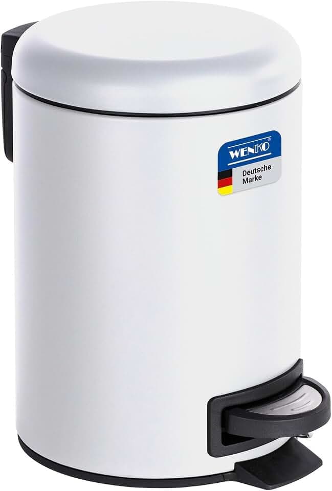 WENKO Kosmetikeimer 3 Liter, Stahl, herausnehmbarer Inneneimer mit Müllbeutelhalter, Mülleimer fürs Bad mit Deckel und Tretfunktion, ausklappbarer Tragegriff, Weiß matt, Mod. Leman