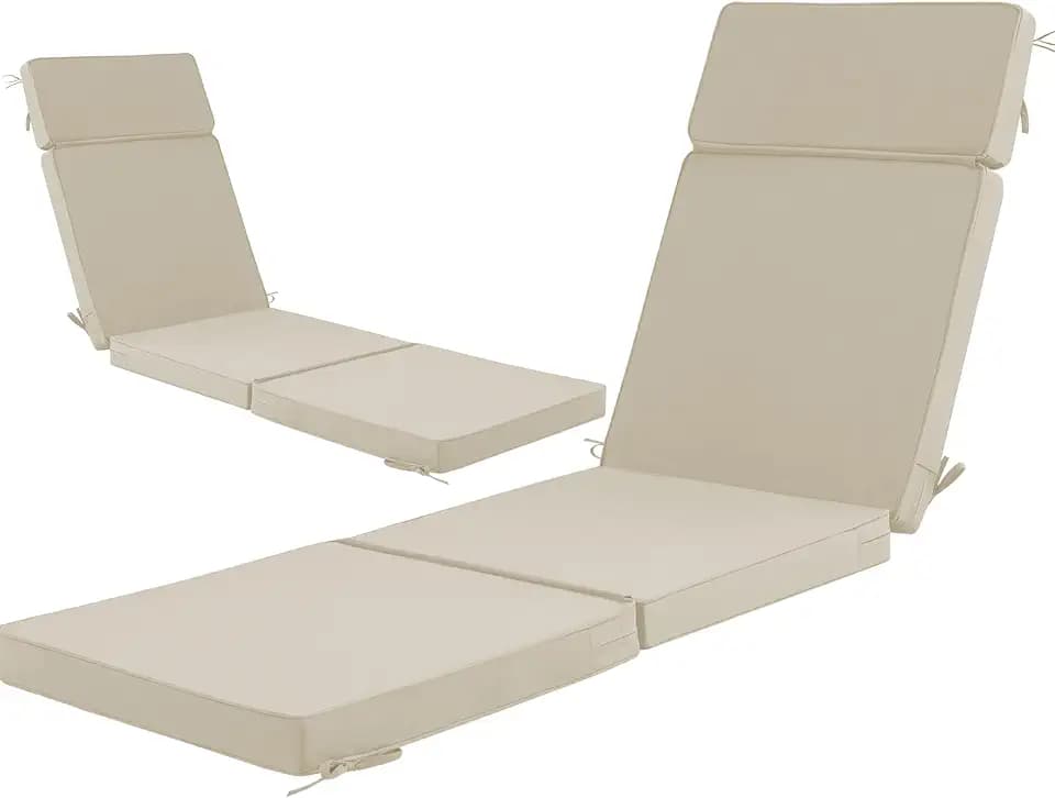 72 x 21 Inch Outdoor Chaise Lounge Cushions Set of 2 - Removable Cover, 4-Section Design, Water-Repellent & Fade-Resistant, 6 Tie Straps, Replacement for Patio & Pool Chairs - Cream