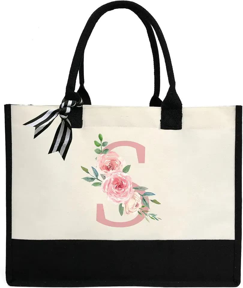 Initial Canvas Tote Bag for Women, Beach Bag with Inner Zipper Pocket Personalized Gifts for Wedding, Birthday