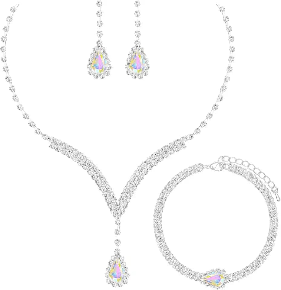 Elegant V-shape Crystal Wedding Jewelry Set for Women Bridal Necklace Earrings Bracelet Set Brides Bridesmaids Party Prom Formal Costume Accessories