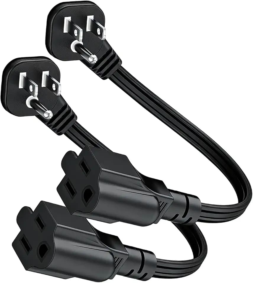 Flat Plug Short 1ft Extension Cord for Small Tight Spaces Black 2-Pack