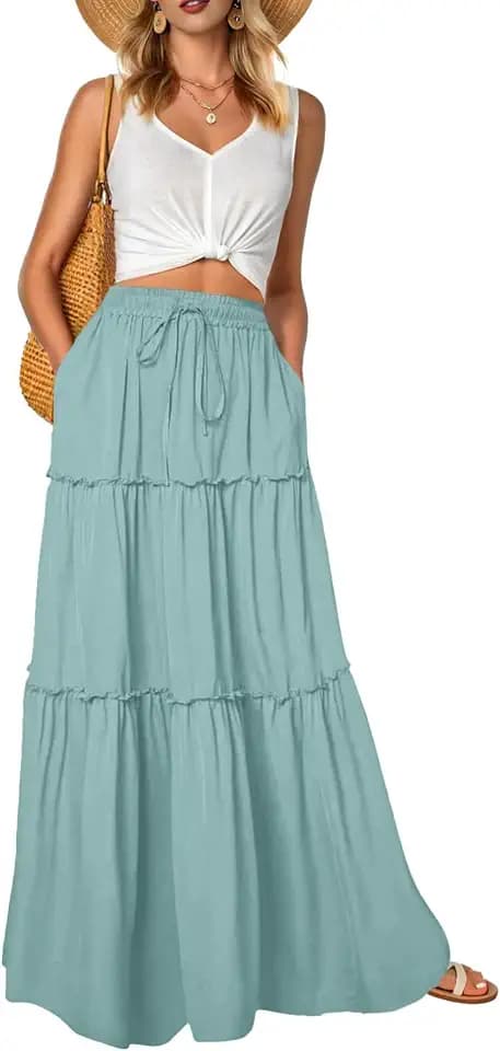 QIXING Damen Maxirock Sommer Boho Blumen Muster Hohe Taille Elastischer Bund Langer Fließender Rock mit Taschen Stufenrock Elegant Luftig