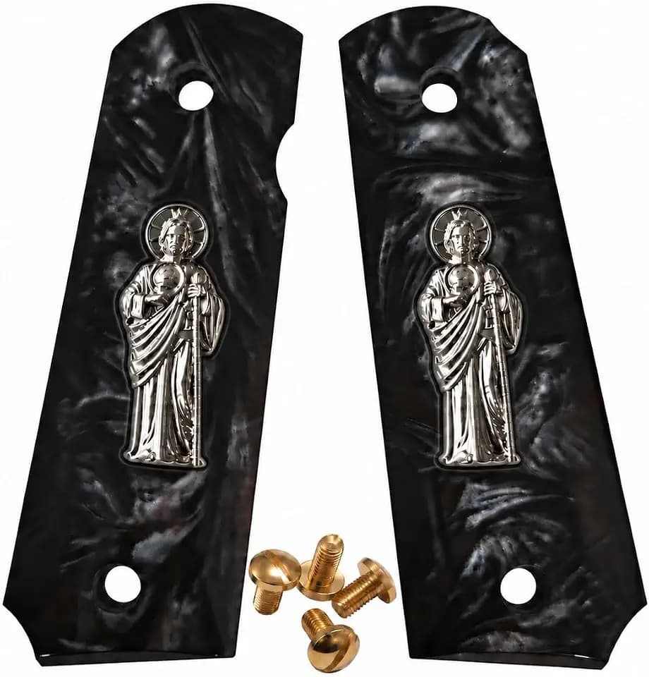 1911 Grips Full Size,White Pearl,Black Pearl,Bonded Ivory,Silver Gold Metal Saint Jude,Brown Pearl,Fits Colt,Kimber,Springfield,Remington,Rock Island,Government Commander Models