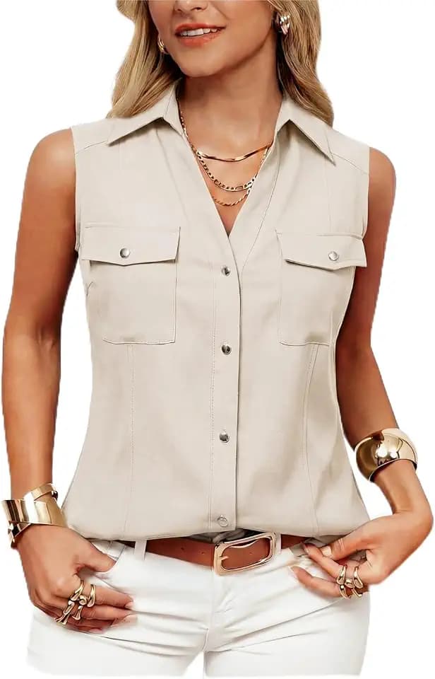 GRACE KARIN Damen Knopf Ärmellose Blusetop Reverskragen V-Ausschnitt Bluse Casual Sommer Business Büro Oberteile