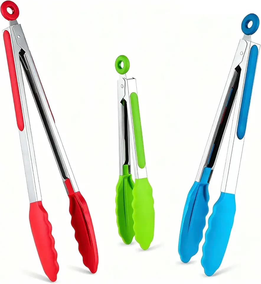 18/23/30 cm Küchenzange 3er-Set, Edelstahl Grillzange Mit Silikonspitzen | Zum Kochen, Grillen, Buffet, Lebensmittelechtes Material, Spülmaschinenfest, Mehrfarbig