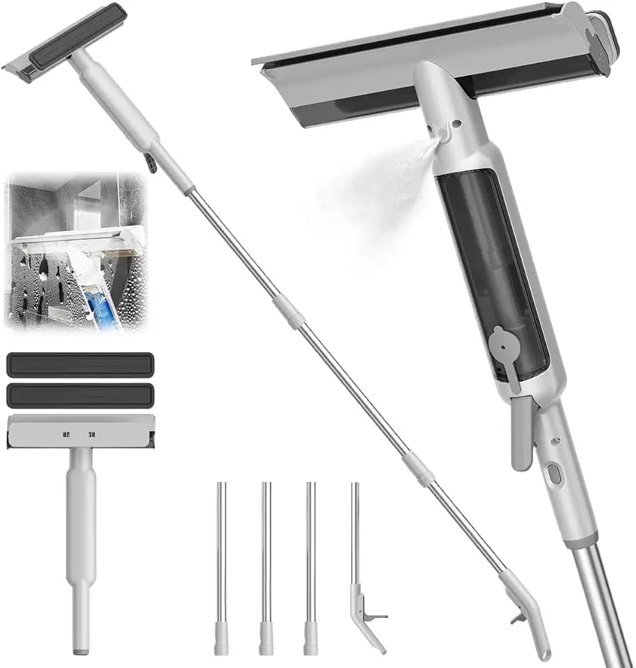4 in 1 Window Squeegee with Water Tank,Window Cleaner Tool with Remote Control Water Spray,16'' to 72'' Adjustable Extension Pole,Wastewater Tray,Sponge Window Squeegee for Shower Glass Car Window