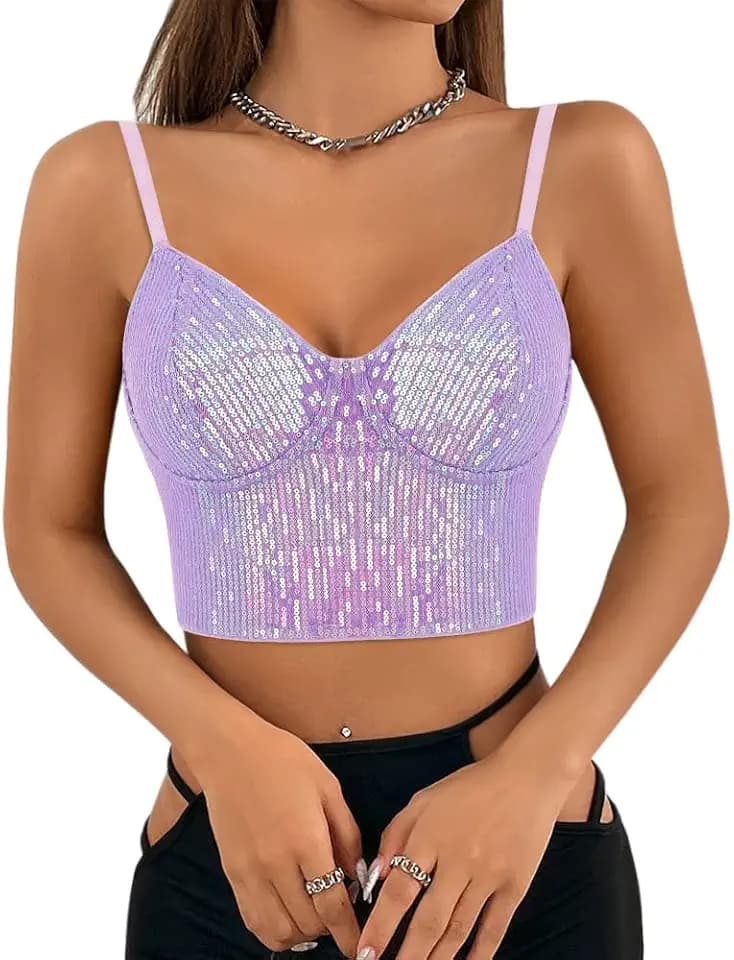 Women's Sexy Sequin Crop Top Spaghetti Strap Tank Top Sleeveless