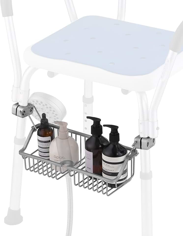 Rustproof Hanging Shower Caddy for Shower Chair, Stainless Steel Bathroom Basket for Bathroom Chair Bench, Showers Chair Caddy, Shampoo Bottle Holder for Elderly, Pregnant, Handicap, Patient