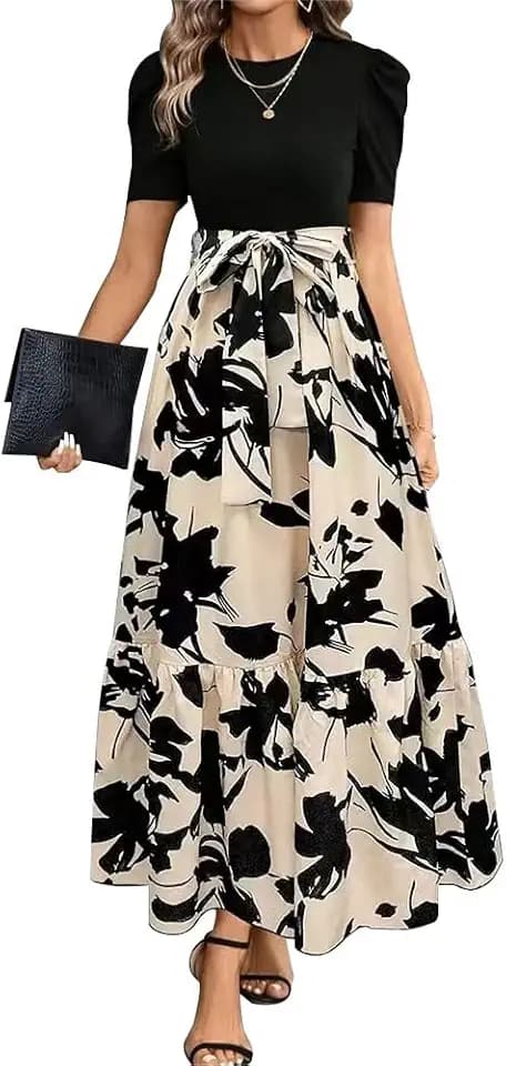 Maxikleid Damen Rundhalsausschnitt Kurzarm Blumen Maxilang Kleid Sommer Rüschen Hohe Taille Langes Lockeres Bodenlanger Freizeitkleid