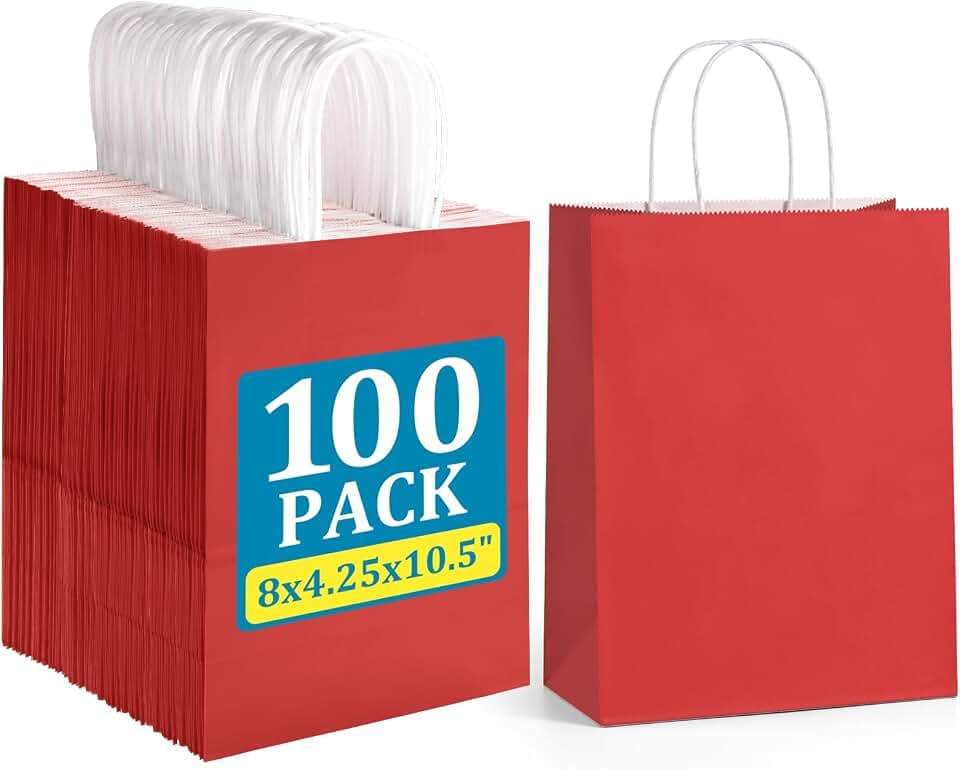 BagDream Gift Bags with Handles 8x4.25x10.5 Inch Bright Red 100 Pack Bulk