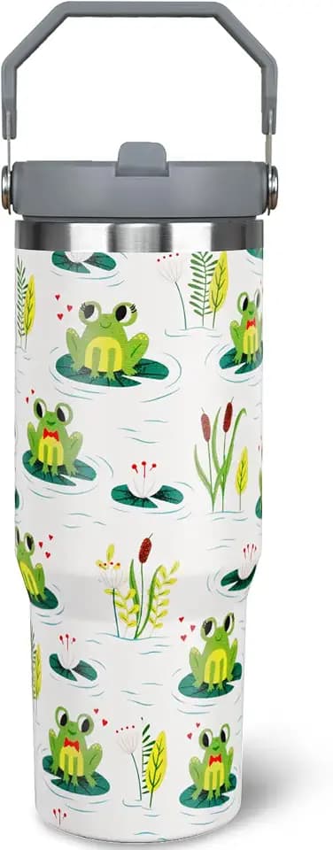 30oz Frog Flip Straw Tumbler, Insulated Coffee Travel Mug with Handle and Straw, 30oz Frog Water Bottle Gifts for Women and Girls