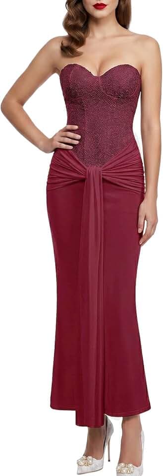 Womens Sexy Strapless Bodycon Corset Maxi Dress Sparkly Sequin Tie Waist Elegant Long Wedding Guest Dresses