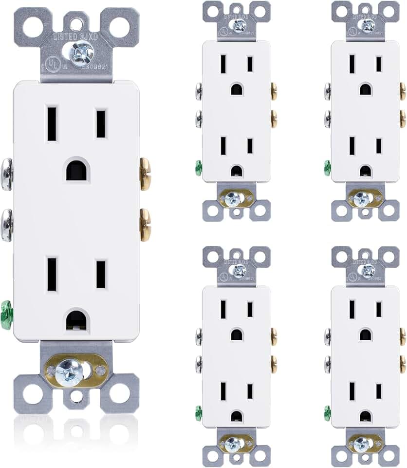 ELEGRP Decorator Receptacle, 15A 125V Standard Electrical Wall Outlet, 2 Pole 3 Wire, Non-Tamper Resistant, NEMA 5-15R, Self-Grounding Residential Grade Outlet, UL (Glossy White, 5 Pack)