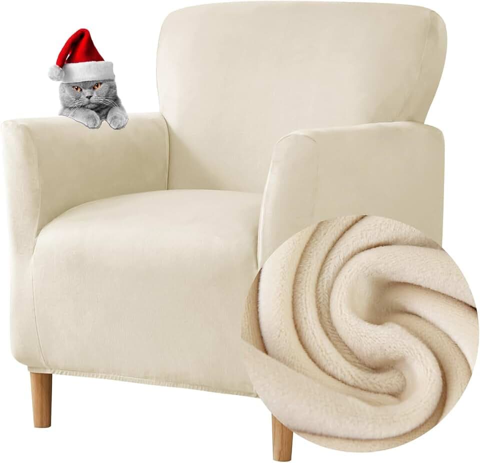 Highdi Stretch Sesselhusse - Elastische Samt Sofaüberzug für Clubsessel Mit Armlehne - Weicher Sesselschoner Sitzbezug Hussen (Beige)