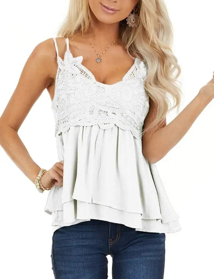 Feager Women's Lace Tank Tops Summer Chiffon Spaghetti Strap Cami Sleeveless Shirts Babydoll Tops